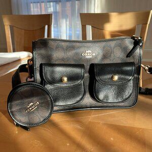 Coach Pennie Crossbody With Coin Case Signature Canvas In Gold/Brown/Black C5675